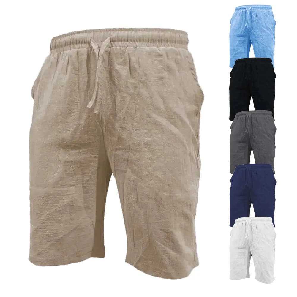 Summer Cotton Linen Lightweight Casual Short Pants Elastic Waist Solid Color Shorts Men Short Beach Short Trousers for Men