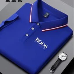 Men's business casual Polo shirt with striped collar and letter printed breathable short sleeved shirt, comfortable fabric