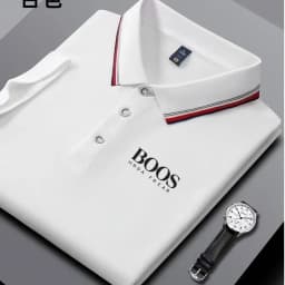 Men's business casual Polo shirt with striped collar and letter printed breathable short sleeved shirt, comfortable fabric