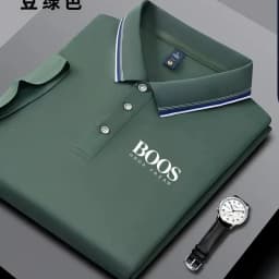 Men's business casual Polo shirt with striped collar and letter printed breathable short sleeved shirt, comfortable fabric