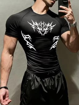 Men's sports tight short sleeved shirt with pink spider pattern print design, breathable, quick drying, sweat absorbing
