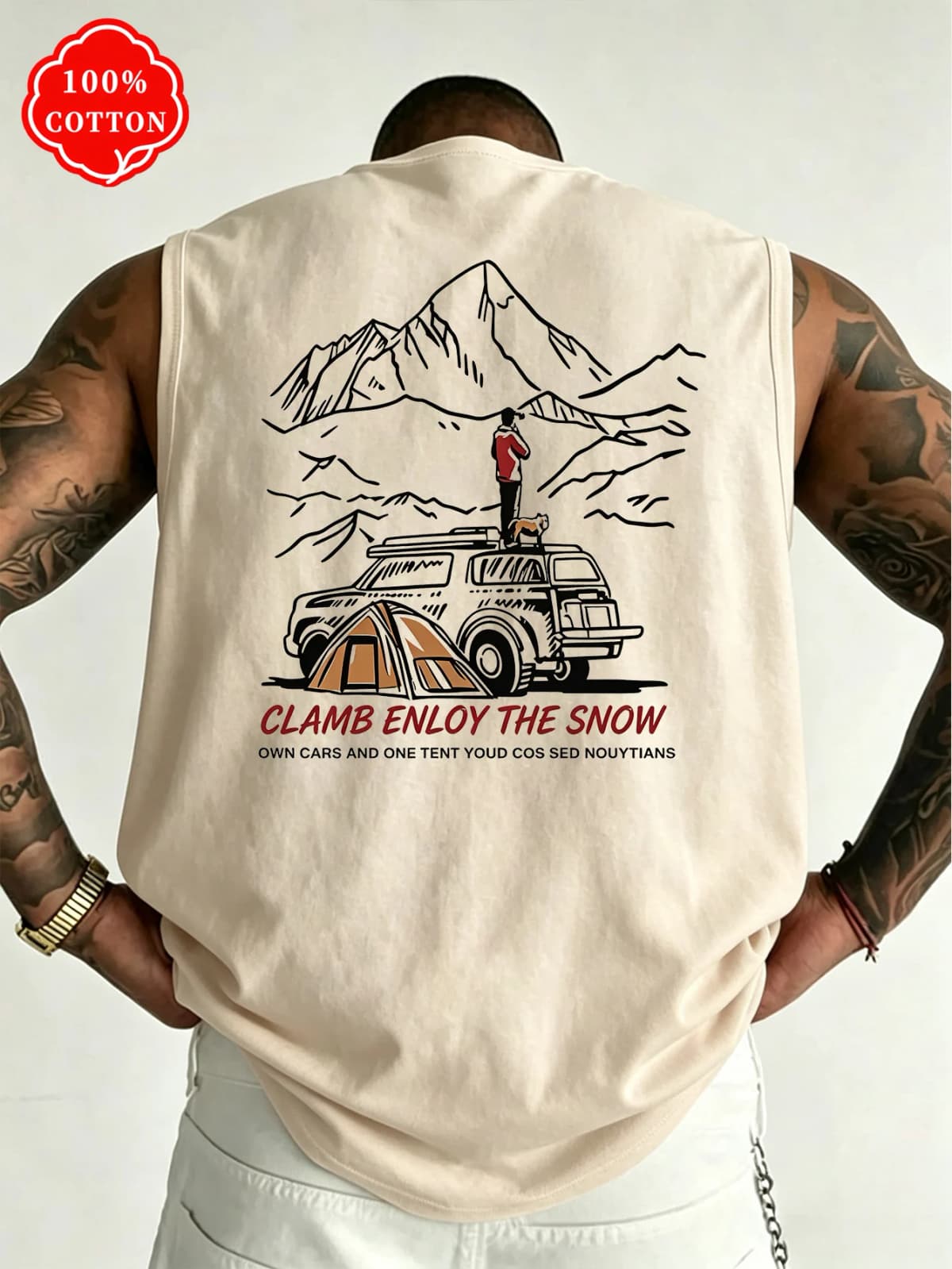 100% Cotton Men Sleeveless Tank Top Mountain Camping Car Tent Back Print Summer Streetwear Loose Fit Casual Vest-T95