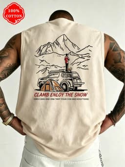 100% Cotton Men Sleeveless Tank Top Mountain Camping Car Tent Back Print Summer Streetwear Loose Fit Casual Vest-T95