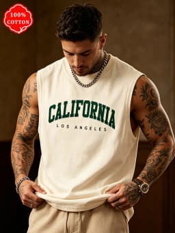 Men's New Summer 100% Cotton Short-Sleeved T-Shirt California Letter Print Loose Sleeveless Tank Top Casual Sport Vest-H13