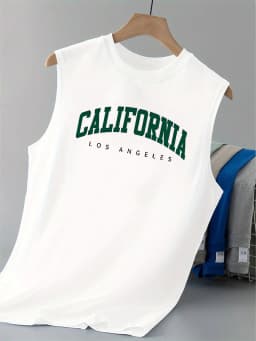 Men's New Summer 100% Cotton Short-Sleeved T-Shirt California Letter Print Loose Sleeveless Tank Top Casual Sport Vest-H13