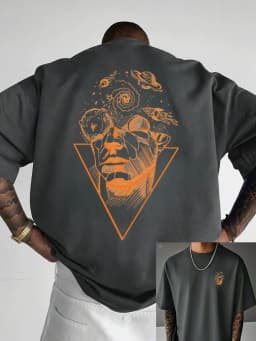 Men's Summer 100% Pure Cotton Casual Loose Creative Pattern Front and Back Printed Sports Round Neck Short Sleeved T-Shirt Top