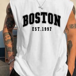 100 Cotton Men's Summer Fashion Casual Sports Loose Boston Est 1997 Print Comfortable Breathable Round Neck Sleeveless Vest