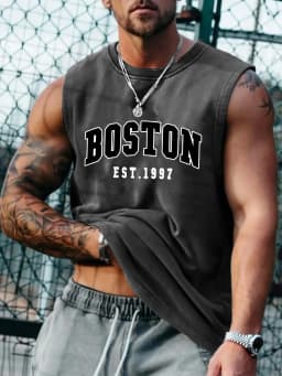 100 Cotton Men's Summer Fashion Casual Sports Loose Boston Est 1997 Print Comfortable Breathable Round Neck Sleeveless Vest