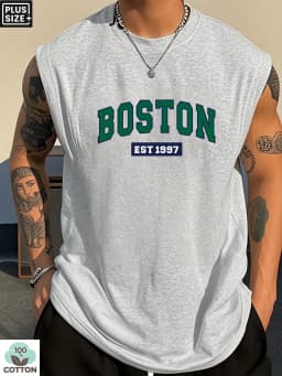 100 Cotton Men's Summer Fashion Casual Sports Loose Boston Est 1997 Print Comfortable Breathable Round Neck Sleeveless Vest