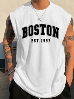 100 Cotton Men's Summer Fashion Casual Sports Loose Boston Est 1997 Print Comfortable Breathable Round Neck Sleeveless Vest