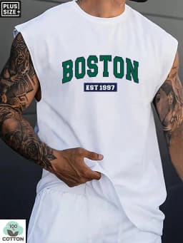 100 Cotton Men's Summer Fashion Casual Sports Loose Boston Est 1997 Print Comfortable Breathable Round Neck Sleeveless Vest