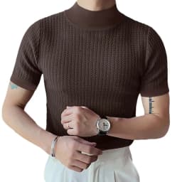 Summer New Casual Simple Knitted Base Shirt European and American Men's High Neck Water Ripple Solid Color T-Shirt