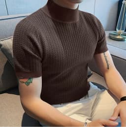 Summer New Casual Simple Knitted Base Shirt European and American Men's High Neck Water Ripple Solid Color T-Shirt