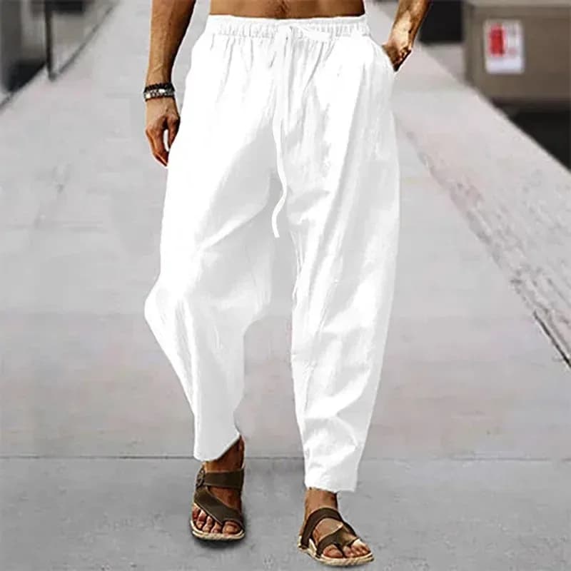New Men Cotton Linen Pants Summer and Autumn Solid High Waist Wide-Leg Trousers Male Loose Hemp Casual Breathable Sports Pants