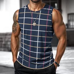 Retro Men's Vest Top 3D Print Plaid Striped Graphic Sleeveless Shirt Crew Neck Loose Streetwear Summer Fashion Casual Tank Tops