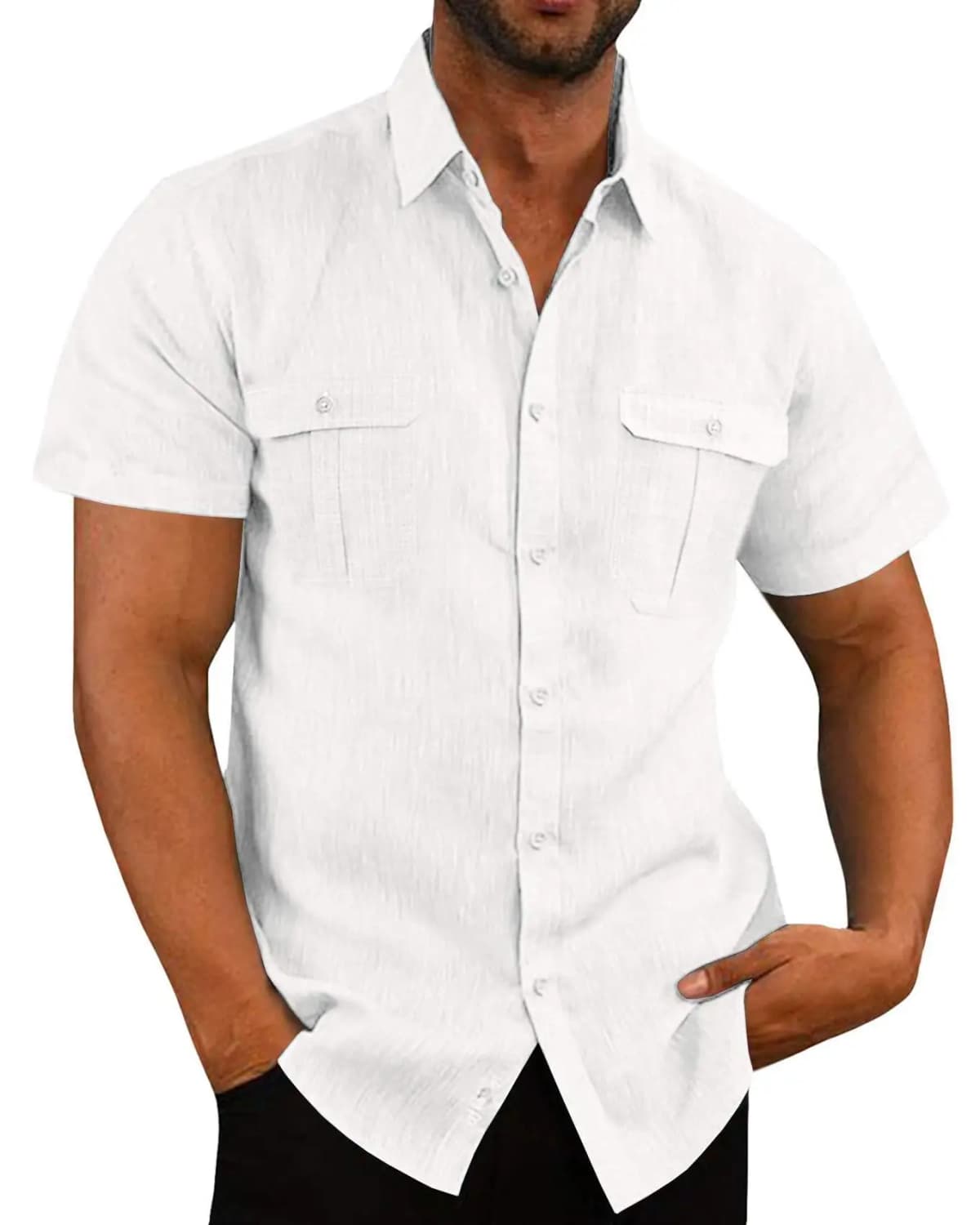 Men's Textured Short Sleeve Button Down Shirt with Chest Pockets Casual Lightweight Summer Top for Beach Office & Daily Wear