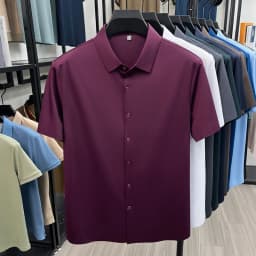 Men's Ice Silk Royal Blue Short Sleeve Dress Shirt Wrinkle-resistant Easy Care Travel Top