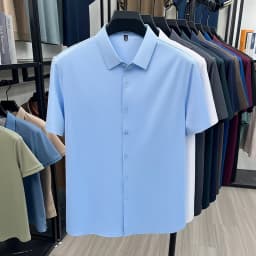 Men's Ice Silk Royal Blue Short Sleeve Dress Shirt Wrinkle-resistant Easy Care Travel Top