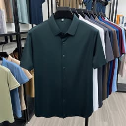 Men's Ice Silk Royal Blue Short Sleeve Dress Shirt Wrinkle-resistant Easy Care Travel Top