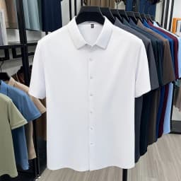 Men's Ice Silk Royal Blue Short Sleeve Dress Shirt Wrinkle-resistant Easy Care Travel Top