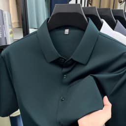 Men's Ice Silk Royal Blue Short Sleeve Dress Shirt Wrinkle-resistant Easy Care Travel Top