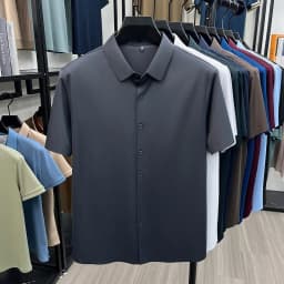 Men's Ice Silk Royal Blue Short Sleeve Dress Shirt Wrinkle-resistant Easy Care Travel Top