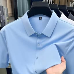 Men's Ice Silk Royal Blue Short Sleeve Dress Shirt Wrinkle-resistant Easy Care Travel Top