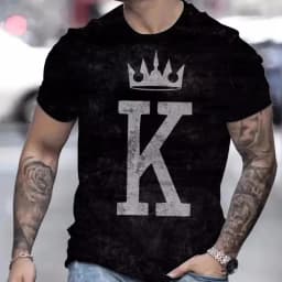 T Shirt for Man Men's Black and Golden Casual T-shirt Printed with "King" Crown + Arm Pattern Clothing Light Luxury Personality