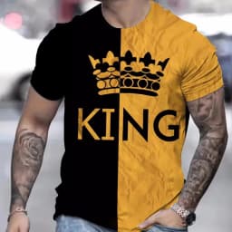 T Shirt for Man Men's Black and Golden Casual T-shirt Printed with "King" Crown + Arm Pattern Clothing Light Luxury Personality