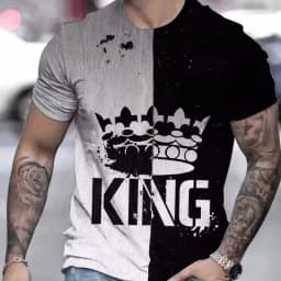 T Shirt for Man Men's Black and Golden Casual T-shirt Printed with "King" Crown + Arm Pattern Clothing Light Luxury Personality