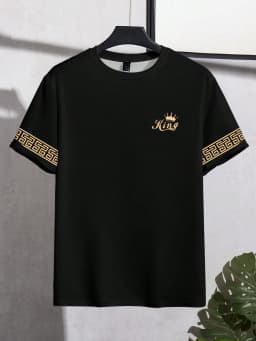 T Shirt for Man Men's Black and Golden Casual T-shirt Printed with "King" Crown + Arm Pattern Clothing Light Luxury Personality