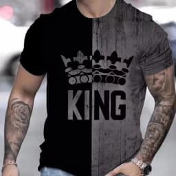 T Shirt for Man Men's Black and Golden Casual T-shirt Printed with "King" Crown + Arm Pattern Clothing Light Luxury Personality