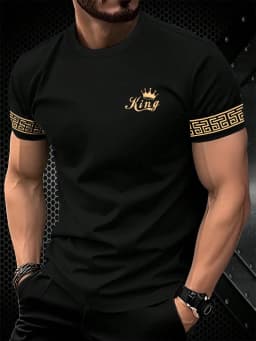 T Shirt for Man Men's Black and Golden Casual T-shirt Printed with "King" Crown + Arm Pattern Clothing Light Luxury Personality