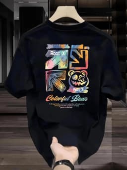 "Colorful Bear" Gradient Graffiti Men's T-shirt Streetwear Graphic Oversized Cotton Short Sleeve Tops Summer Streetwear