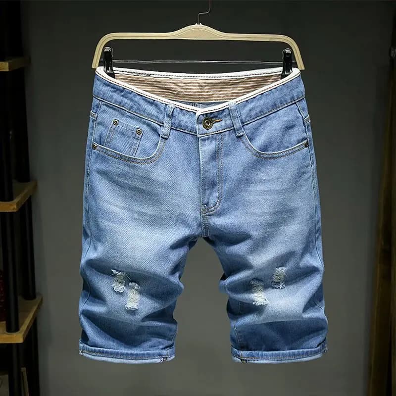 Men Denim Shorts Summer New Style Thin Section Elastic Force Slim Fit Short Jeans Male Brand Clothing Light Blue Retro Blue