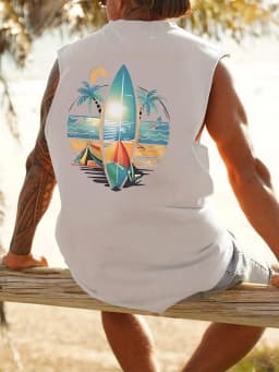 Men's Summer Leisure Sports Fitness Loose Coconut Tree and Surfboard Printed Comfortable Breathable Round Neck Sleeveless Tank