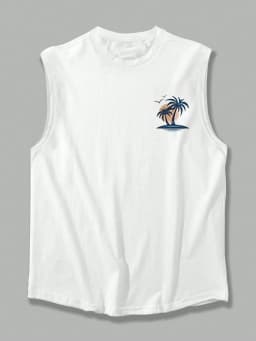 Men's Summer Leisure Sports Fitness Loose Coconut Tree and Surfboard Printed Comfortable Breathable Round Neck Sleeveless Tank