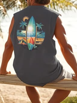 Men's Summer Leisure Sports Fitness Loose Coconut Tree and Surfboard Printed Comfortable Breathable Round Neck Sleeveless Tank