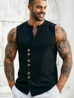 Men's Sleeveless Diagonal-Front Linen Vest Loose Retro Buttoned Waistcoat Muscle Fitness Sleeveless Jacket