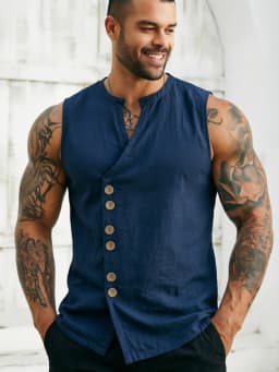 Men's Sleeveless Diagonal-Front Linen Vest Loose Retro Buttoned Waistcoat Muscle Fitness Sleeveless Jacket