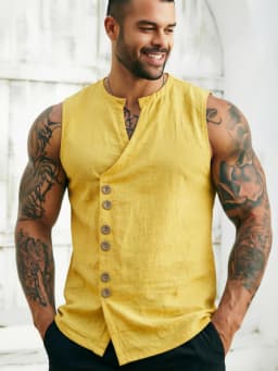 Men's Sleeveless Diagonal-Front Linen Vest Loose Retro Buttoned Waistcoat Muscle Fitness Sleeveless Jacket