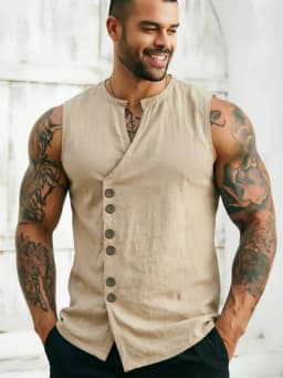 Men's Sleeveless Diagonal-Front Linen Vest Loose Retro Buttoned Waistcoat Muscle Fitness Sleeveless Jacket