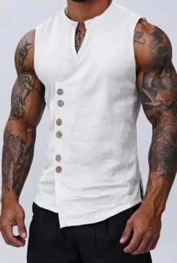Men's Sleeveless Diagonal-Front Linen Vest Loose Retro Buttoned Waistcoat Muscle Fitness Sleeveless Jacket
