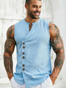 Men's Sleeveless Diagonal-Front Linen Vest Loose Retro Buttoned Waistcoat Muscle Fitness Sleeveless Jacket