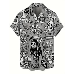 Skull 3D Printed Men's Hawaiian Shirt Street Gothic Style Trendy Vintage Lapel Tops Summer Y2K Casual Short Sleeve Beach Shirt