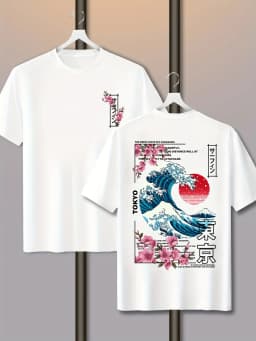 Men's Casual Tokyo Island Sunset Wave Print 100% Cotton T-shirt Short-sleeved Summer Breathable Street Trend Loose Comfortable