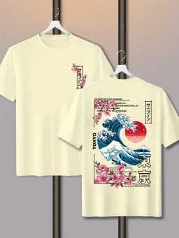Men's Casual Tokyo Island Sunset Wave Print 100% Cotton T-shirt Short-sleeved Summer Breathable Street Trend Loose Comfortable