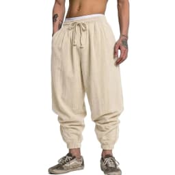 Mens Linen Blend Pants Drawstring Harem Style Loose Baggy Fit Trousers Multi use for Spring and Autumn Ideal for Yoga and Everyd