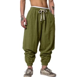Mens Linen Blend Pants Drawstring Harem Style Loose Baggy Fit Trousers Multi use for Spring and Autumn Ideal for Yoga and Everyd
