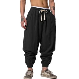 Mens Linen Blend Pants Drawstring Harem Style Loose Baggy Fit Trousers Multi use for Spring and Autumn Ideal for Yoga and Everyd